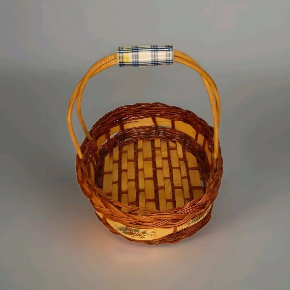 Wicker Woven Basket Porcelain Blue and White Flower Handles 8